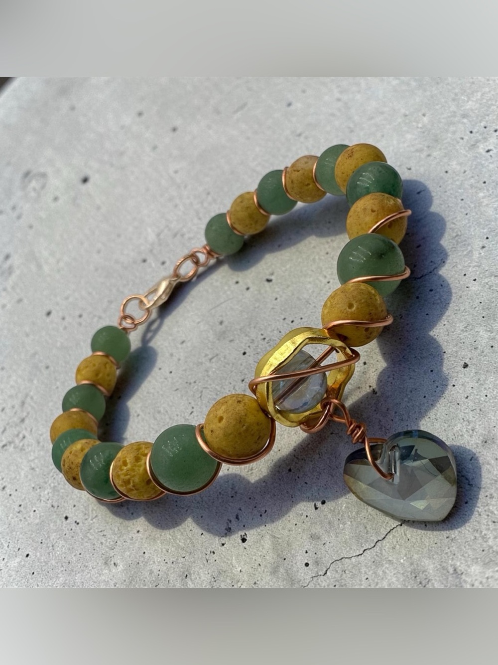 Handmade Green & Mustard Beaded Bracelet with Heart Crystal Charm